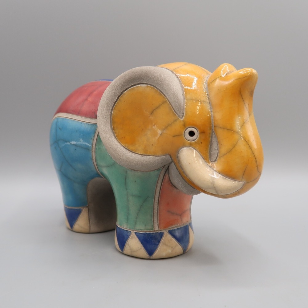 Raku‎ Art Pottery Elephant Signed South African Multi Color Crackled Figurine
